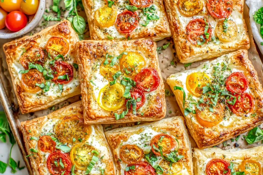 Close-up of Tomato Tartlets with Puff Pastry showing flaky layers and melted cheese with cherry tomatoes