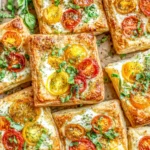 Close-up of Tomato Tartlets with Puff Pastry showing flaky layers and melted cheese with cherry tomatoes