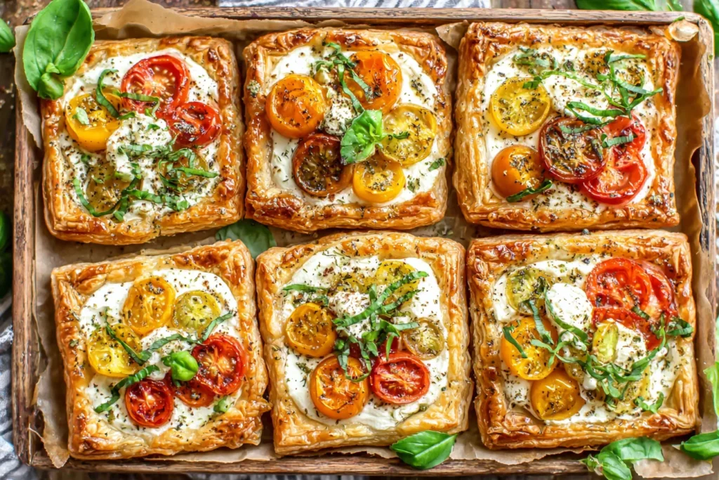 Tomato Tartlets with Puff Pastry arranged on a baking tray with fresh basil and roasted heirloom tomatoes