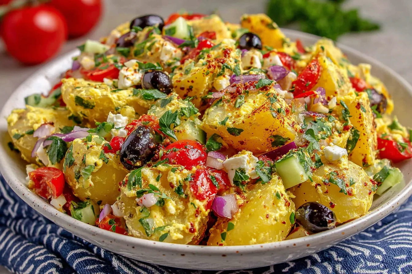 Colorful Turkish Potato Salad with feta, cucumbers, and fresh vegetables