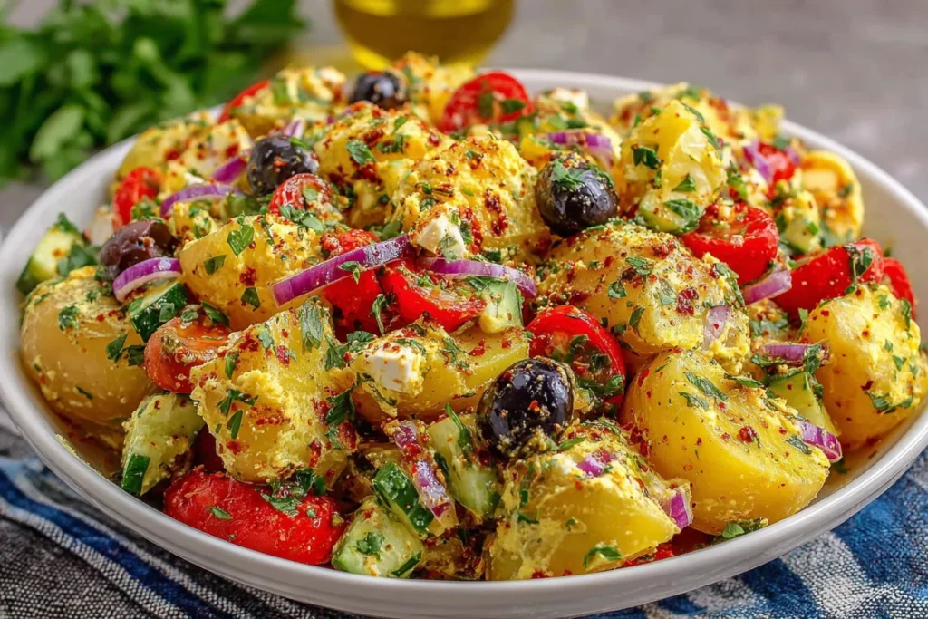 Turkish Potato Salad with feta, olives, and fresh vegetables in a bowl