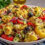 Turkish Potato Salad with feta, olives, and fresh vegetables in a bowl