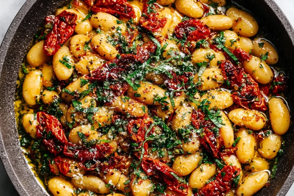 Tuscan Marry Me Butter Beans Recipe topped with Parmesan, herbs, and sun-dried tomatoes in a skillet