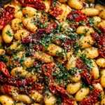 Tuscan Marry Me Butter Beans Recipe topped with Parmesan, herbs, and sun-dried tomatoes in a skillet