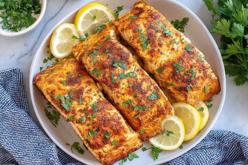 Crispy Air Fryer Salmon garnished with parsley and fresh lemon slices
