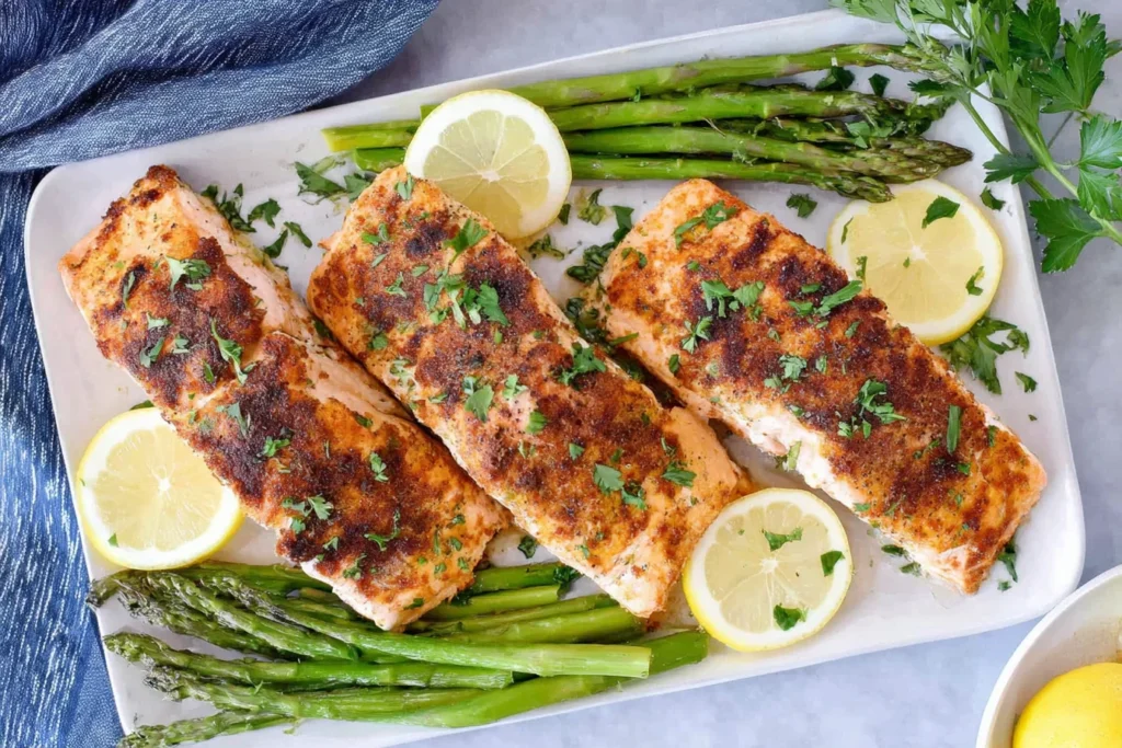 Air Fryer Salmon served with roasted asparagus, lemon slices, and fresh parsley
