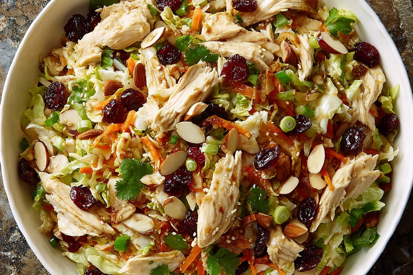 Asian Chicken Cranberry Salad topped with cranberries, almonds, green onions, and shredded chicken