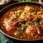Authentic Chicken Étouffée with tender chicken, Cajun vegetables, and rich Louisiana-style sauce