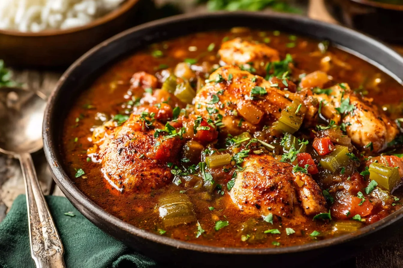 Authentic Chicken Étouffée with tender chicken, Cajun vegetables, and rich Louisiana-style sauce