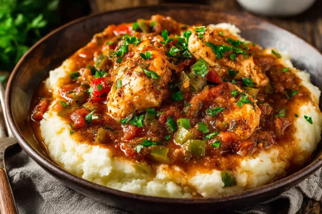 Authentic Chicken Étouffée served over creamy mashed potatoes with Cajun sauce and fresh parsley