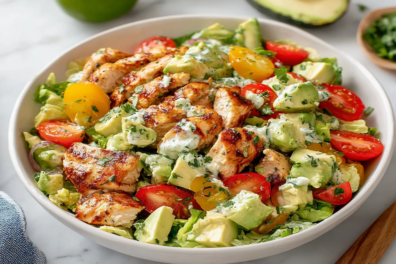 Avocado Chicken Salad Recipe with grilled chicken, avocado, cherry tomatoes, and creamy lime dressing in a fresh salad bowl