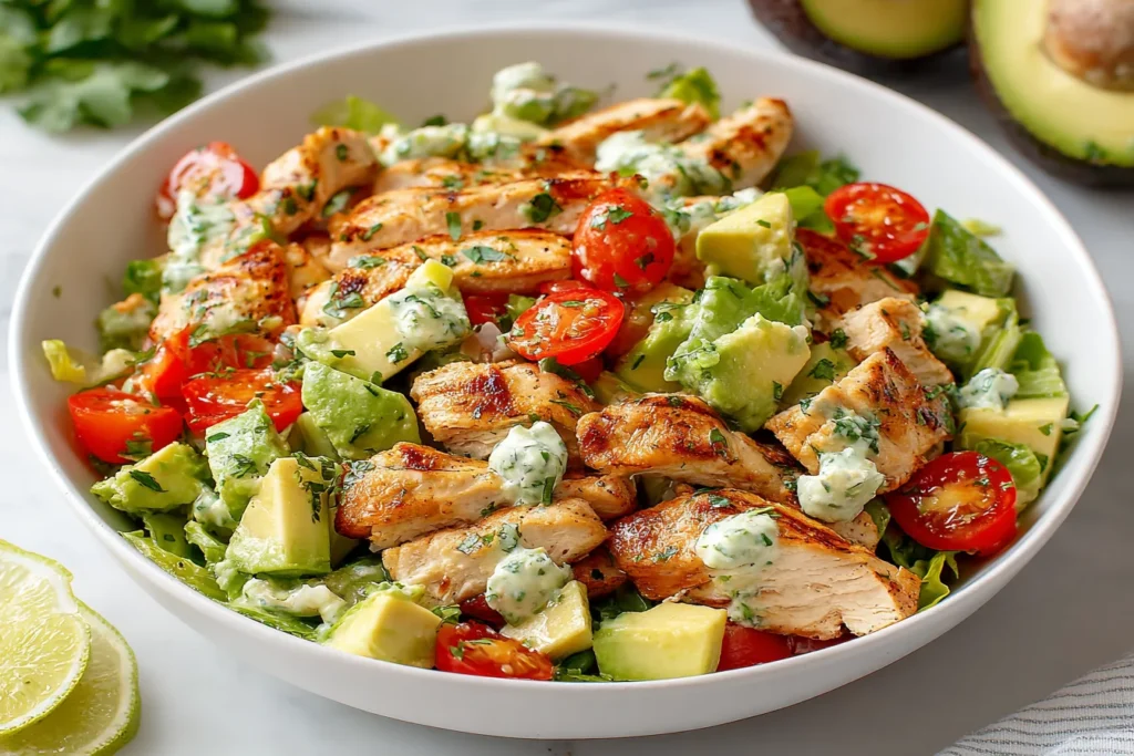 Avocado Chicken Salad Recipe topped with grilled chicken, avocado cubes, cherry tomatoes, and creamy herb dressing