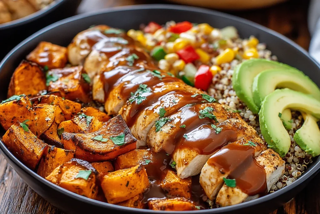 BBQ Chicken & Roasted Sweet Potato Bowls topped with avocado, quinoa, and roasted sweet potatoes
