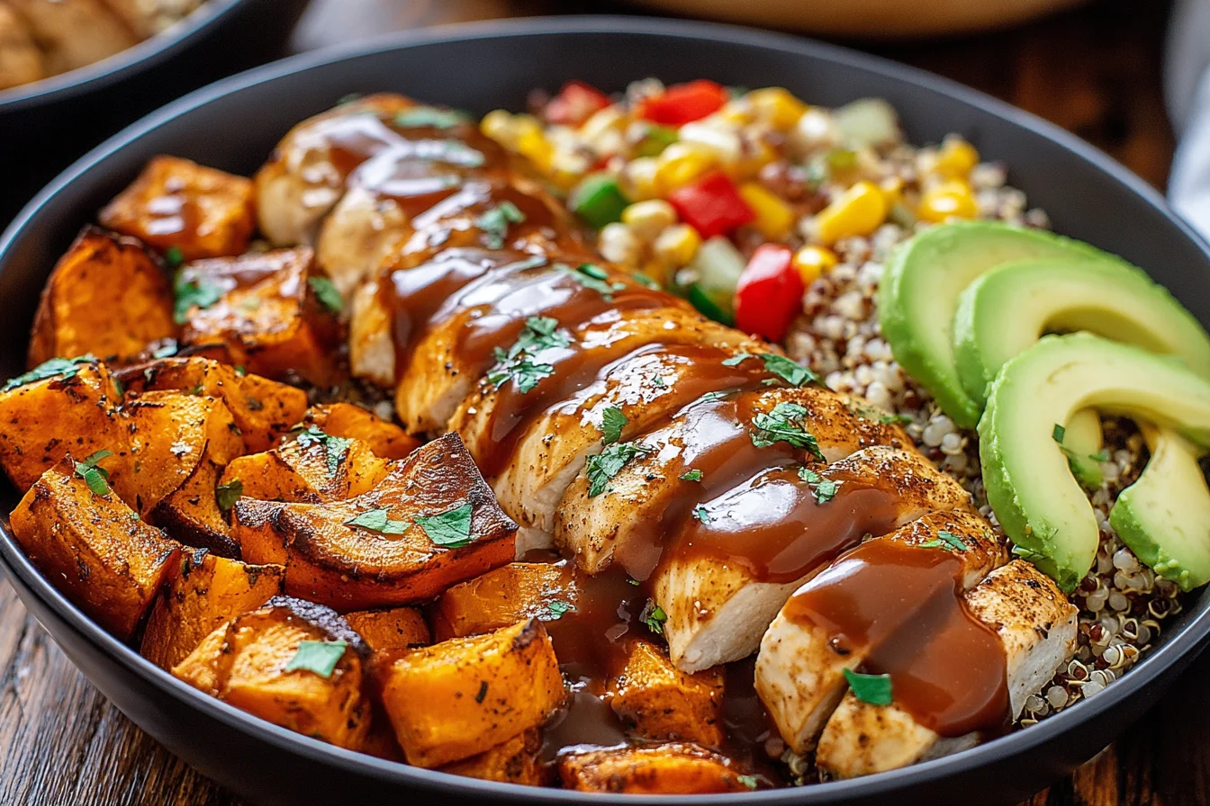 BBQ Chicken & Roasted Sweet Potato Bowls topped with avocado, quinoa, and roasted sweet potatoes