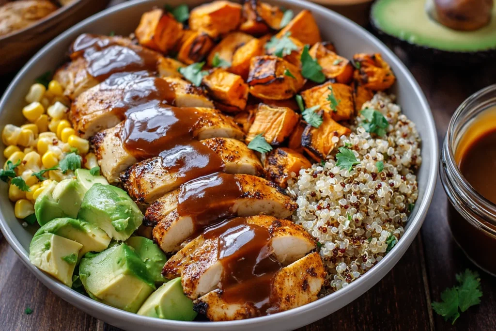 BBQ Chicken & Roasted Sweet Potato Bowls with quinoa, avocado, corn, and smoky BBQ sauce
