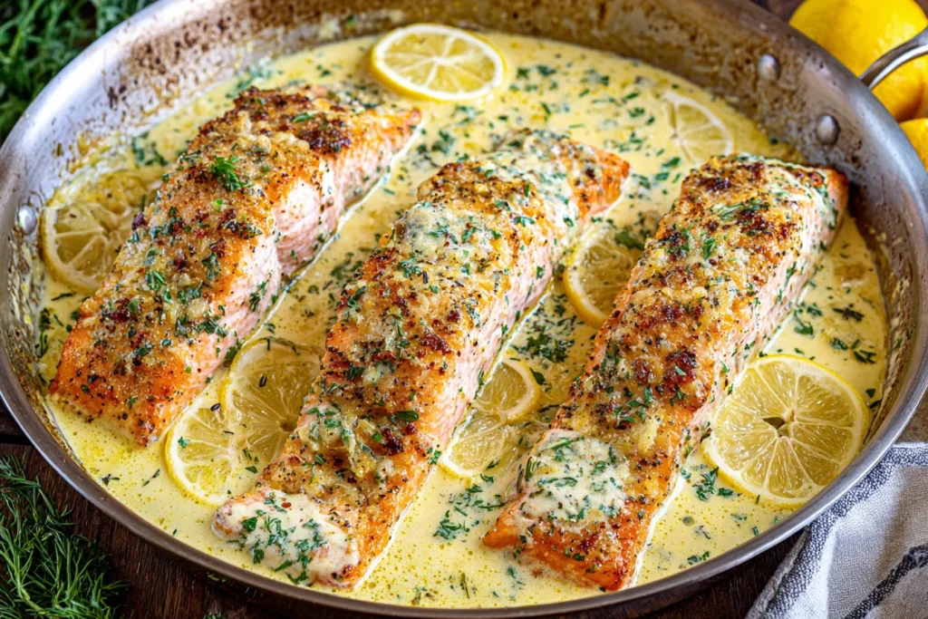 Baked Salmon with Lemon Butter Cream Sauce in a skillet with creamy herb sauce and roasted lemon slices