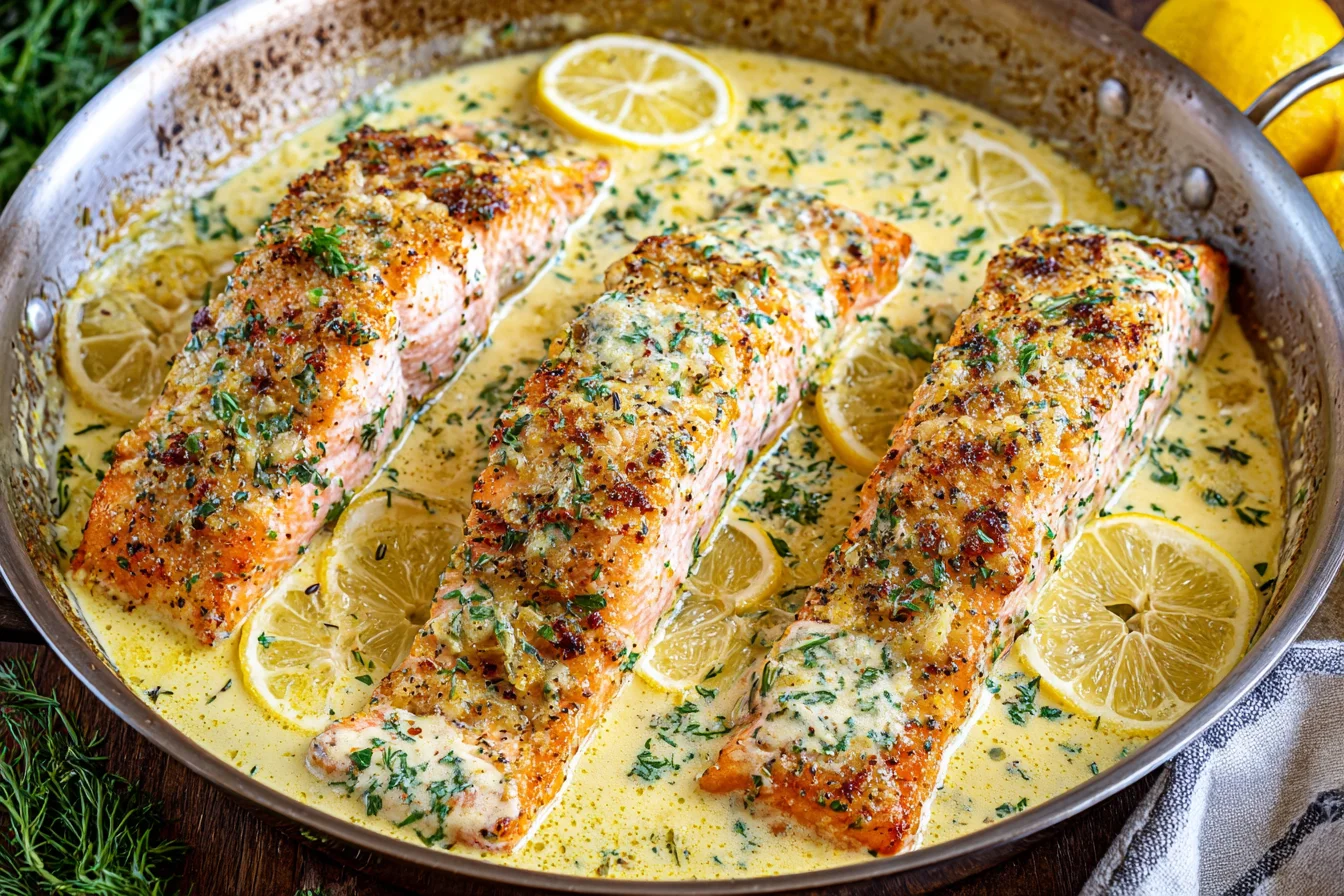 Baked Salmon with Lemon Butter Cream Sauce in a skillet with creamy herb sauce and roasted lemon slices