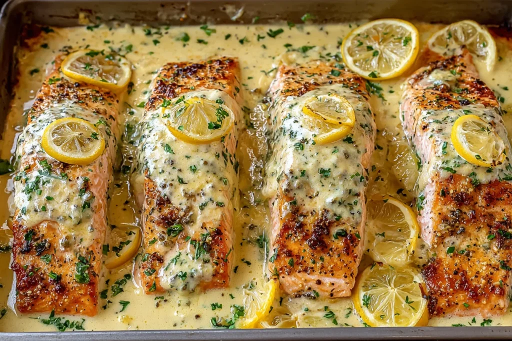 Baked Salmon with Lemon Butter Cream Sauce served in a baking dish with creamy garlic lemon sauce and fresh lemon slices