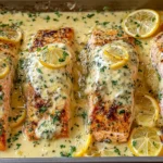 Baked Salmon with Lemon Butter Cream Sauce served in a baking dish with creamy garlic lemon sauce and fresh lemon slices