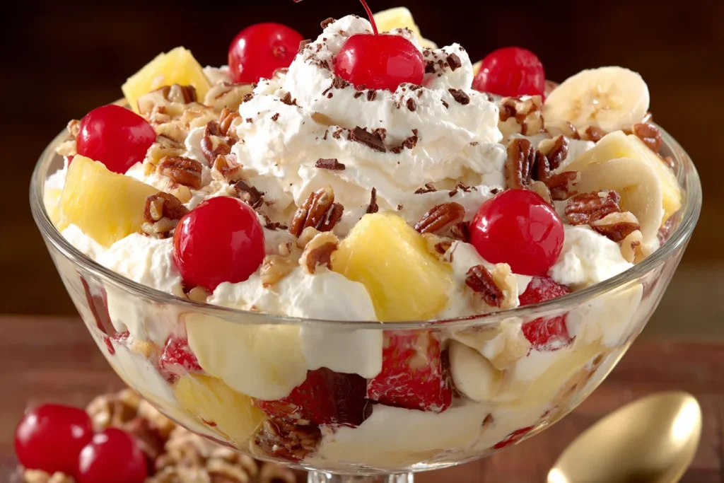 Banana Split Fluff Salad Recipe with pineapple, strawberries, cherries, pecans, and whipped cream topping