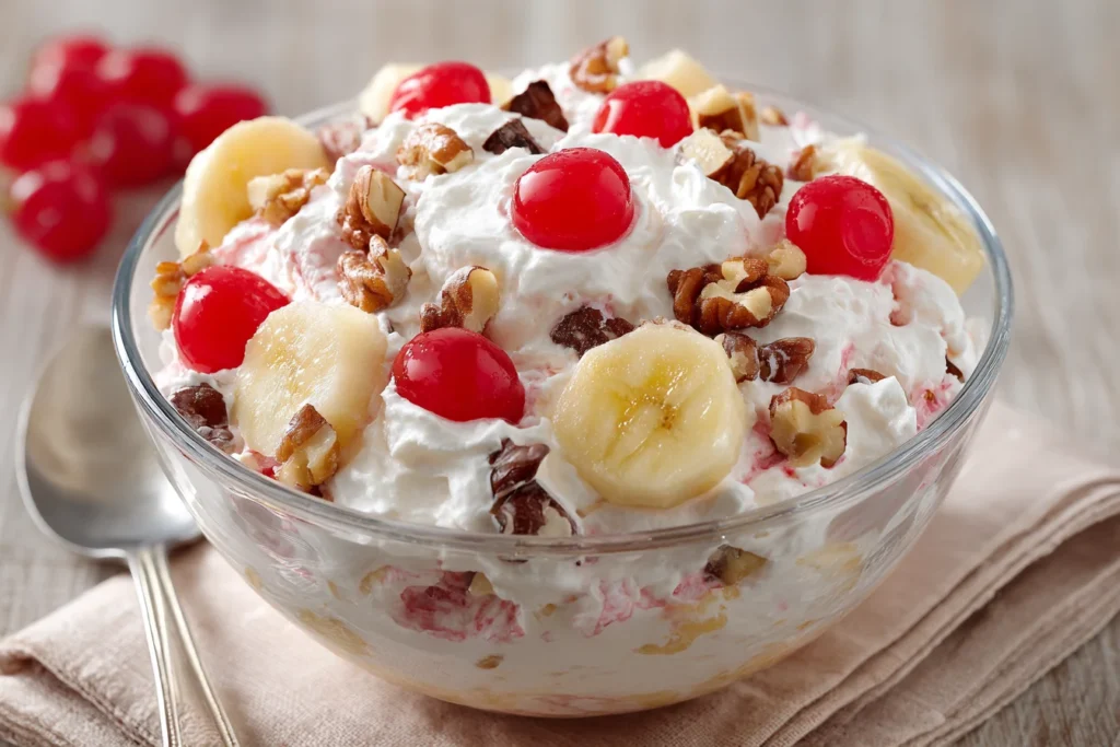 Banana Split Fluff Salad Recipe served with cherries, bananas, whipped topping, and walnuts in a glass dessert bowl