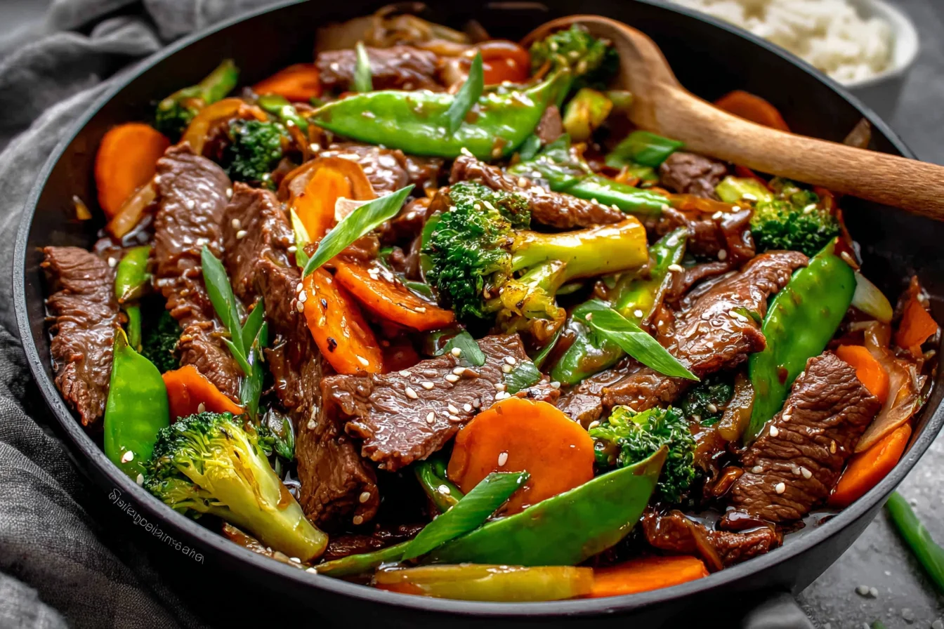 Skillet Beef Stir Fry with Vegetables featuring juicy beef strips, broccoli, carrots, and snow peas