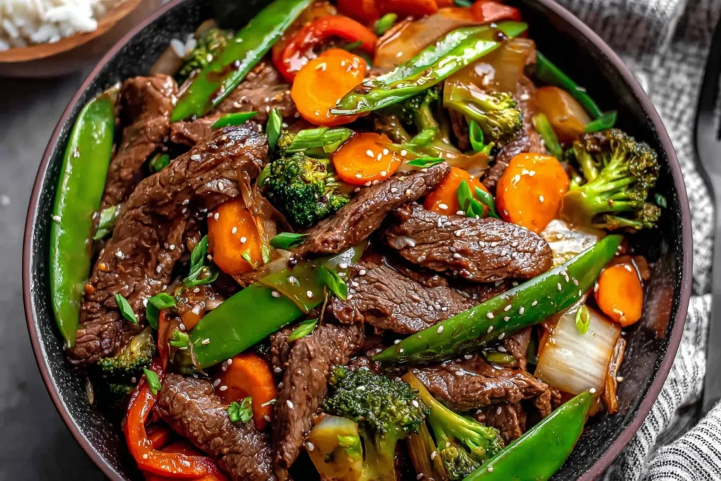 Beef Stir Fry with Vegetables served in a bowl with tender beef, broccoli, carrots, and snap peas