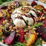 Beet and Burrata Salad with pine nuts and balsamic dressing, featuring roasted red and golden beets with creamy burrata