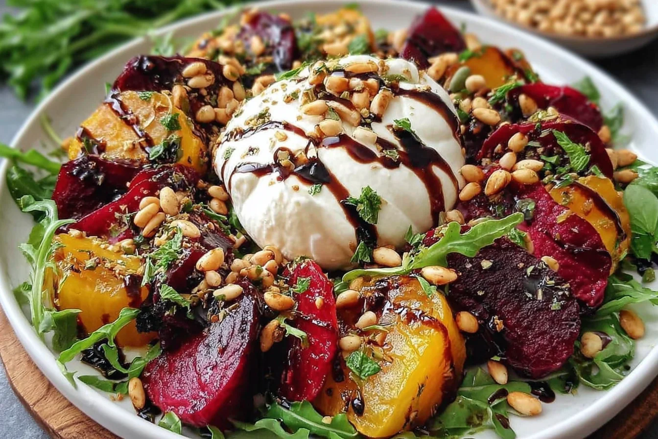 Beet and Burrata Salad with pine nuts and balsamic dressing, featuring roasted red and golden beets with creamy burrata