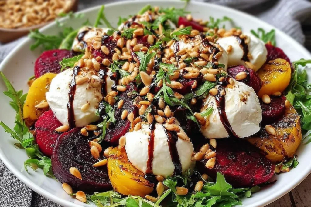 Beet and Burrata Salad with pine nuts and balsamic dressing featuring roasted red and golden beets, creamy burrata, and fresh greens