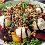 Beet and Burrata Salad with pine nuts and balsamic dressing featuring roasted red and golden beets, creamy burrata, and fresh greens