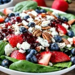 Berry Spinach Salad served with feta cheese, pecans, strawberries, blueberries, and balsamic dressing