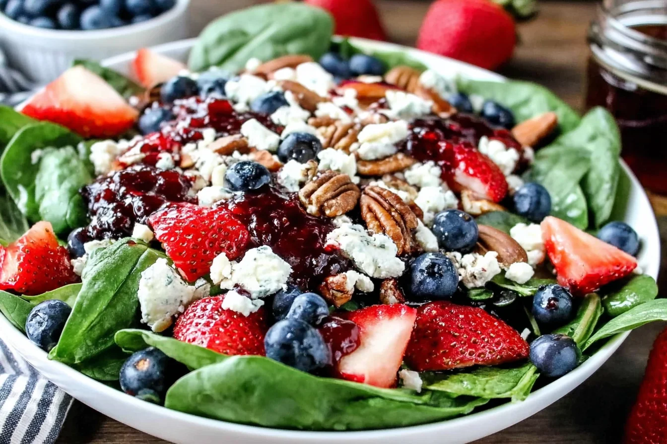 Berry Spinach Salad served with feta cheese, pecans, strawberries, blueberries, and balsamic dressing