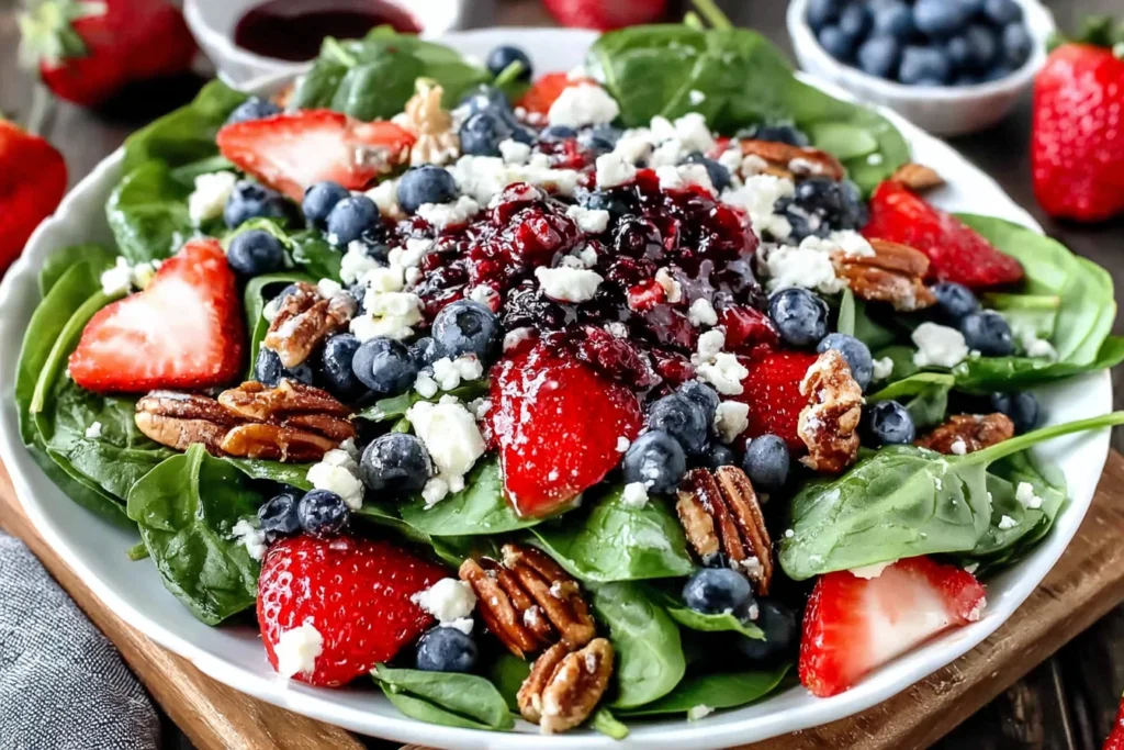 Berry Spinach Salad with strawberries, blueberries, feta, pecans, and balsamic glaze