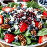 Berry Spinach Salad with strawberries, blueberries, feta, pecans, and balsamic glaze