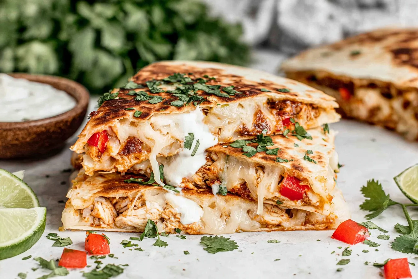 Best Authentic Chicken Quesadilla Recipe with cheesy pull, smoky chicken filling, red peppers, and fresh lime wedges
