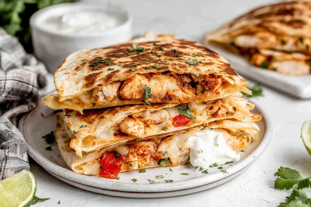 Best Authentic Chicken Quesadilla Recipe stacked on a plate with melted cheese, seasoned chicken, red peppers, and creamy chipotle sauce