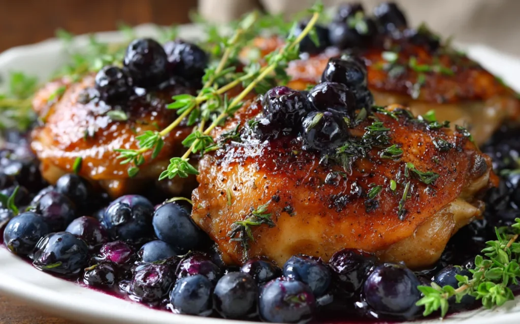Blueberry Thyme Chicken topped with fresh blueberries and thyme in a sweet and savory balsamic sauce