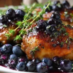 Blueberry Thyme Chicken topped with fresh blueberries and thyme in a sweet and savory balsamic sauce