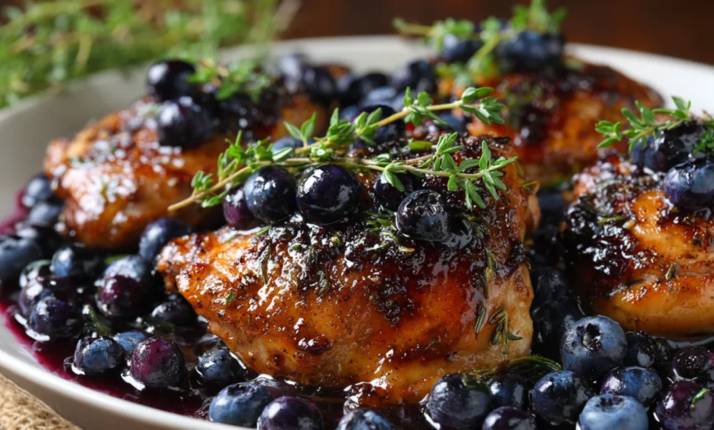 Blueberry Thyme Chicken with crispy chicken thighs, balsamic blueberry sauce, and fresh thyme in a skillet