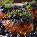 Blueberry Thyme Chicken with crispy chicken thighs, balsamic blueberry sauce, and fresh thyme in a skillet