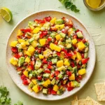 Colorful Avocado Strawberry Mango Salsa in a bowl with fresh mango, strawberries, avocado, cilantro, and lime