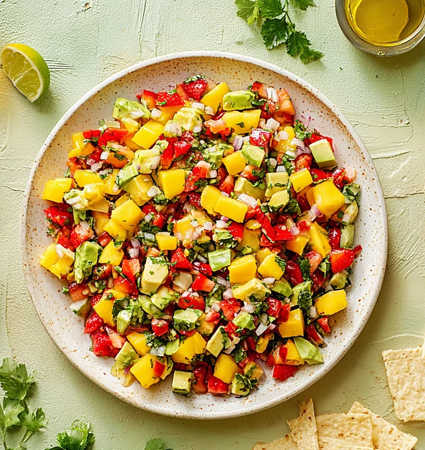 Colorful Avocado Strawberry Mango Salsa in a bowl with fresh mango, strawberries, avocado, cilantro, and lime