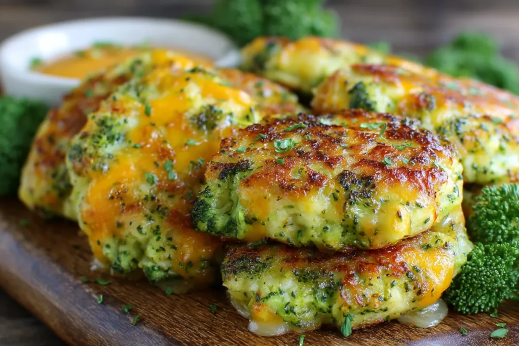 Broccoli Cheese Patties served on a wooden board with melted cheese and fresh broccoli