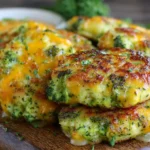 Broccoli Cheese Patties served on a wooden board with melted cheese and fresh broccoli