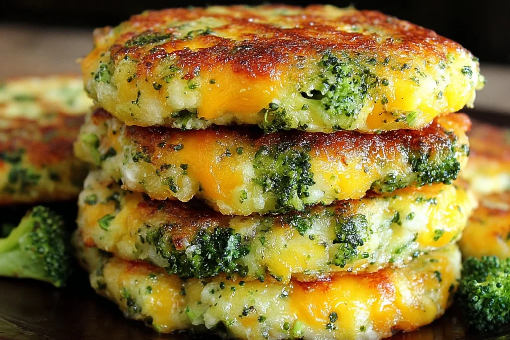 Broccoli Cheese Patties stacked with crispy golden edges and melted cheddar cheese