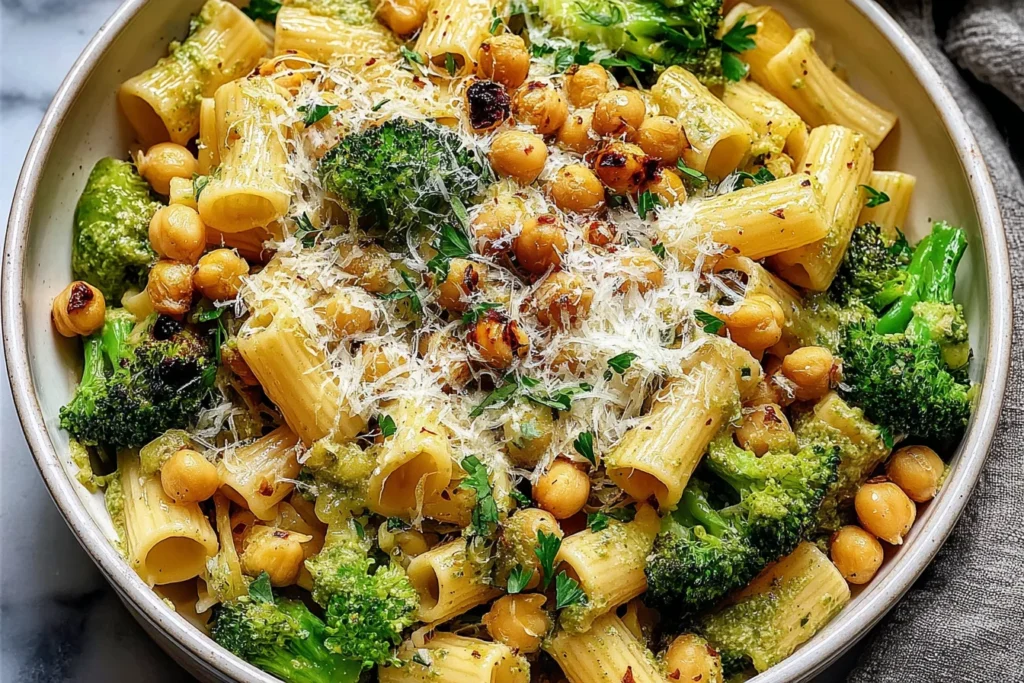 Creamy Broccoli Chickpea Pasta topped with parmesan and crispy chickpeas