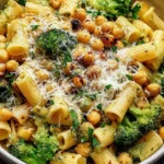 Creamy Broccoli Chickpea Pasta topped with parmesan and crispy chickpeas