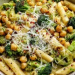 Broccoli Chickpea Pasta with garlic olive oil, parmesan, and red pepper flakes in a rustic bowl