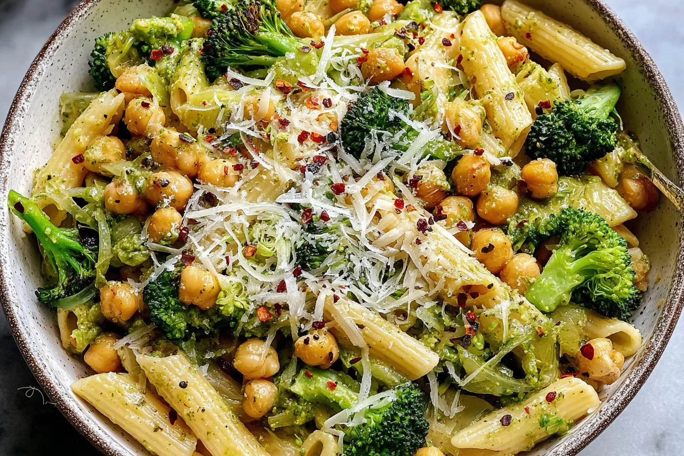 Broccoli Chickpea Pasta with garlic olive oil, parmesan, and red pepper flakes in a rustic bowl